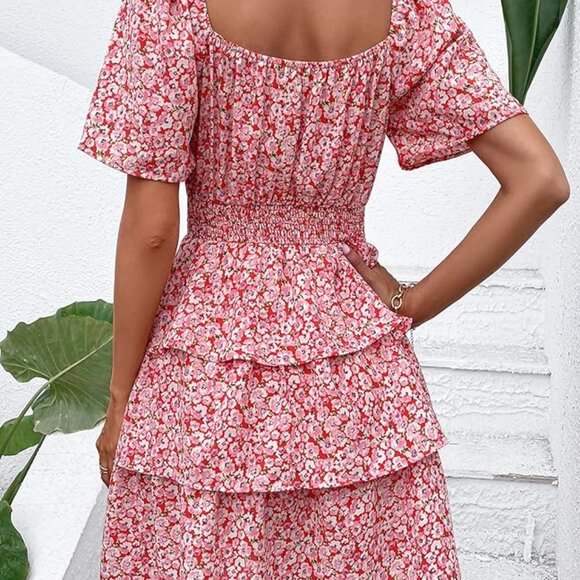PRETTYGARDEN Women's Floral Summer Short Dress Square Neck Short Sleeve Tiered - Picture 2 of 3